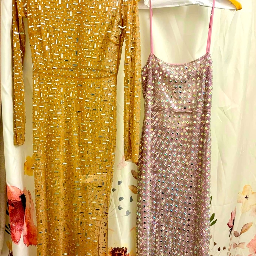 Oh Polly light Pink Rhinestone encrusted gown. Size 4. Never worn